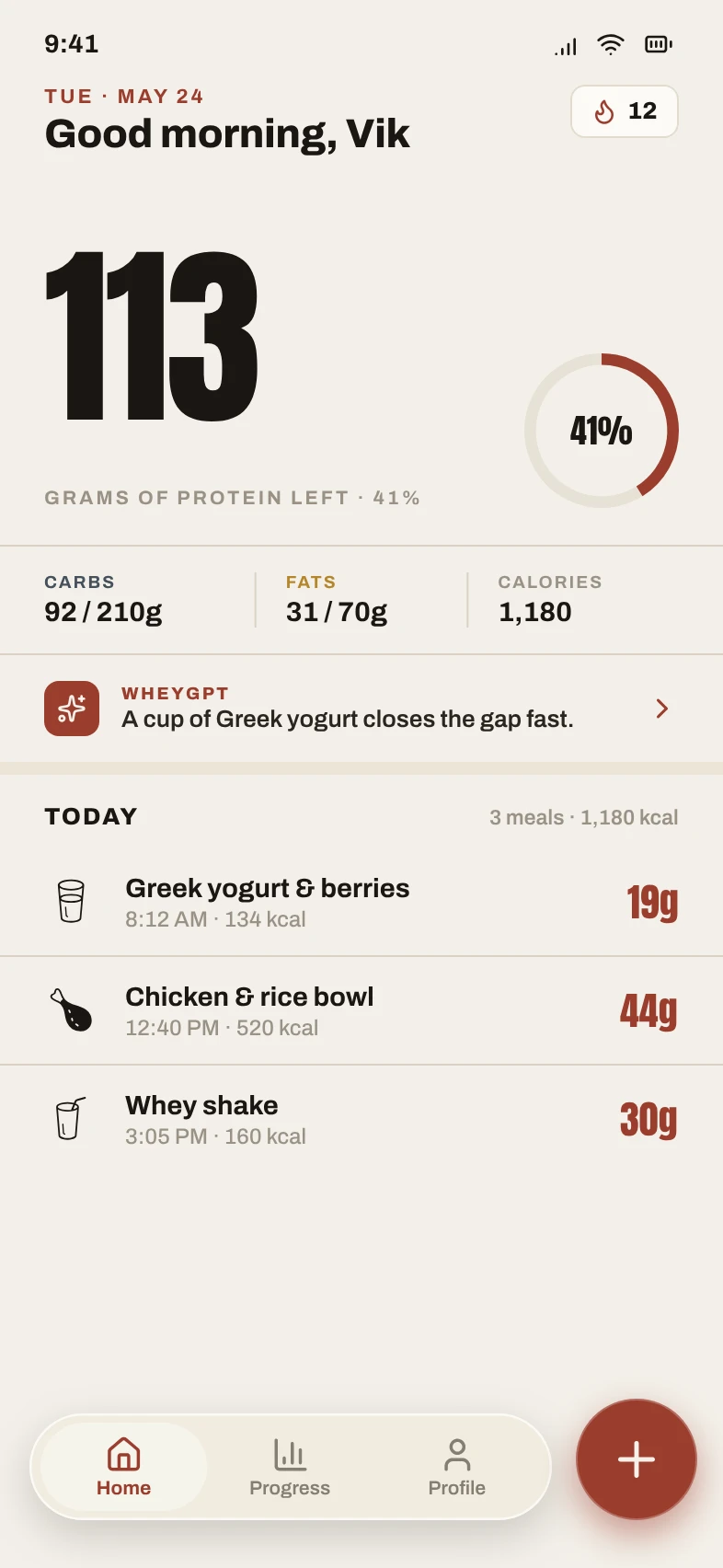 WheyGPT dashboard showing 113 grams of protein left today, macro totals, and the day's logged meals